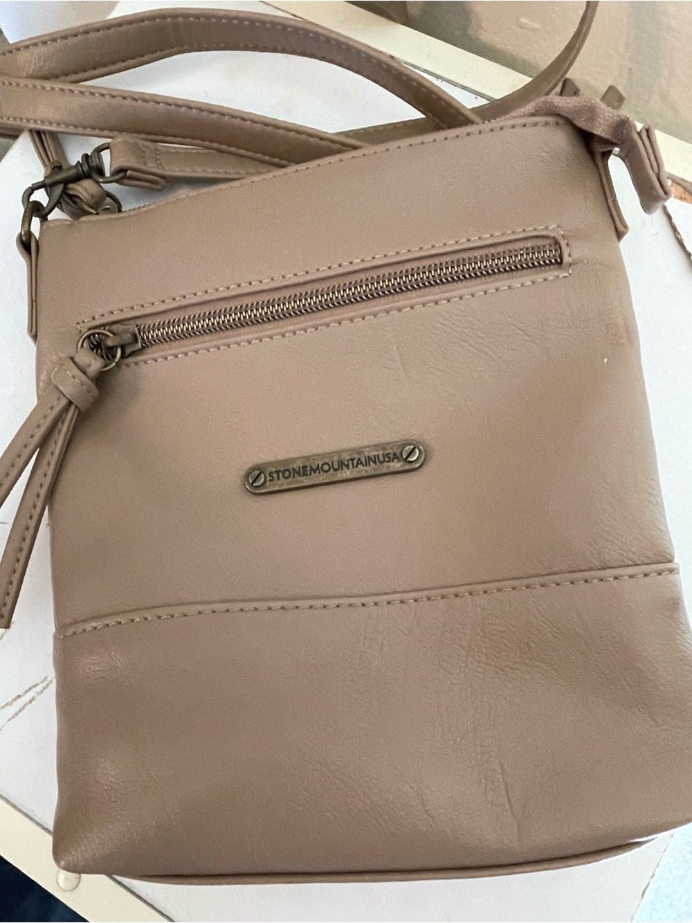 Stone Mountain USA Taupe Genuine Pebbled Leather Utility Crossbody Bag Purse